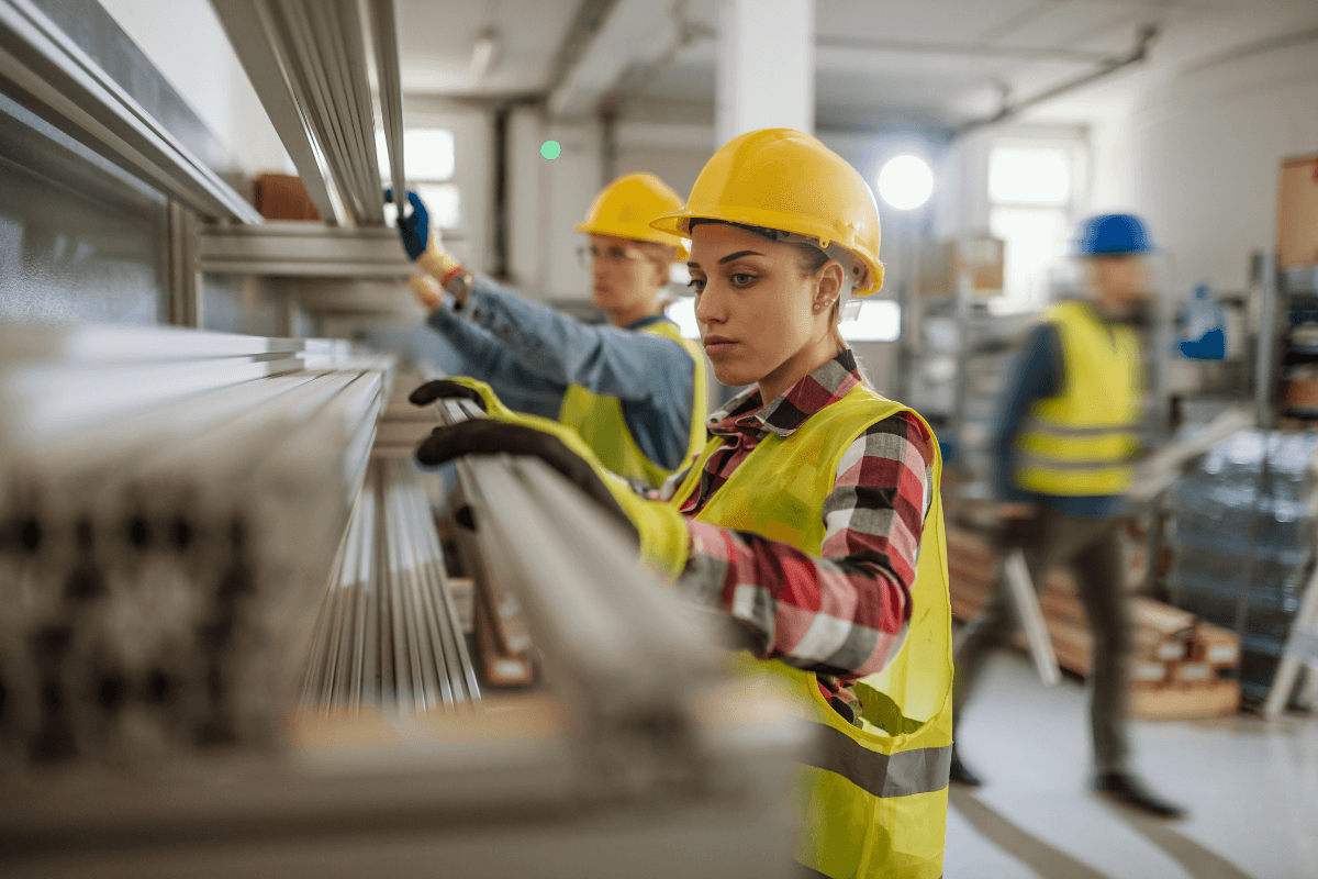 workers wearing hard hats in a warehouse