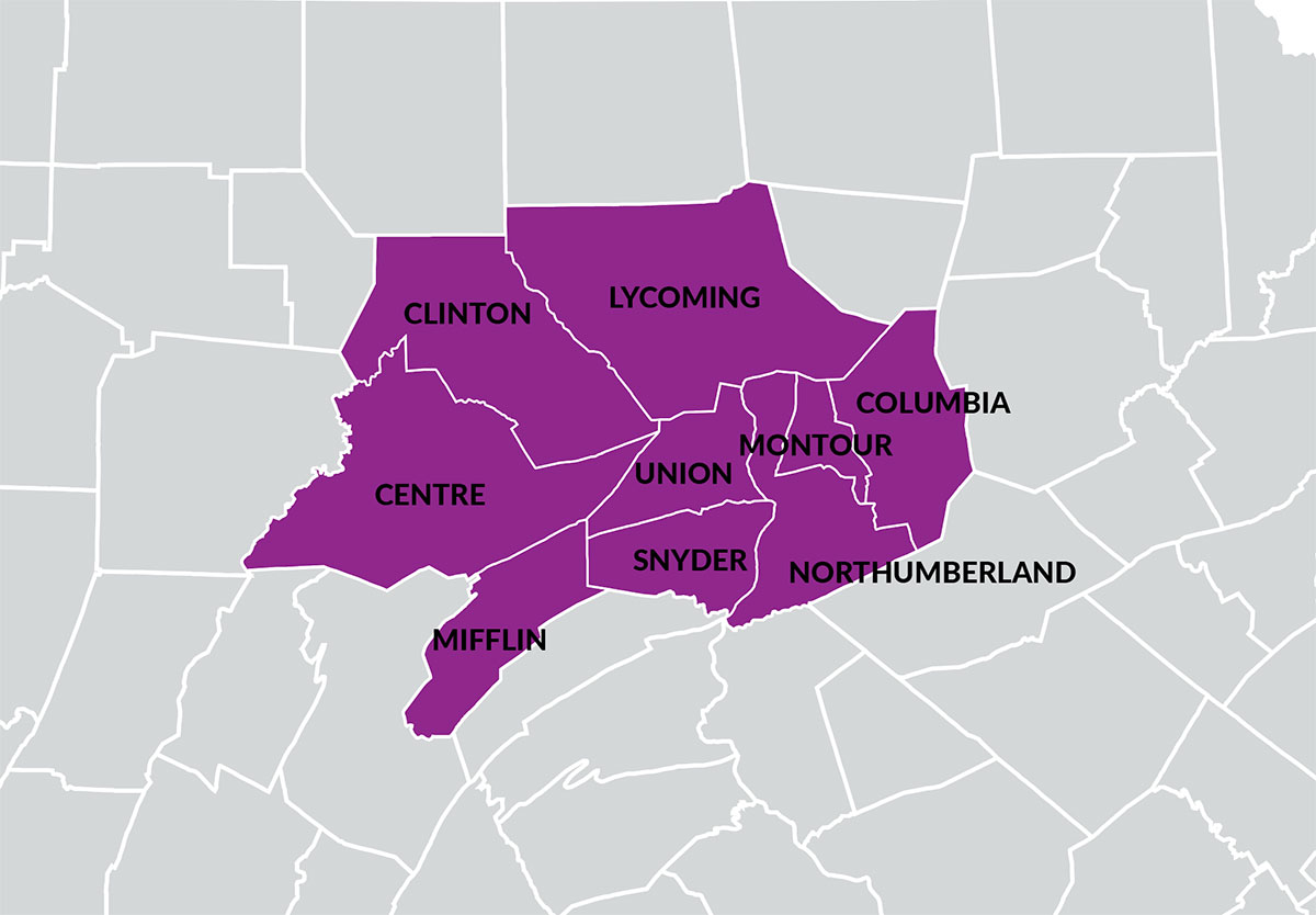 county map of Pennsylvania showing highlighted counties in Central PA